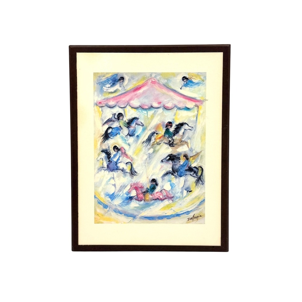 DeGrazia "Joy and Music" 1964 Art Print Plaque Carousel Angels Size 5x7 Vintage